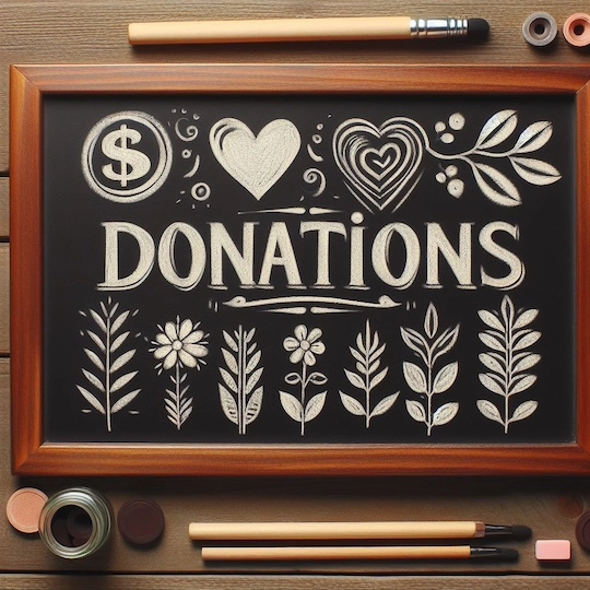 The word Donations written on a chalkboard with chalk.