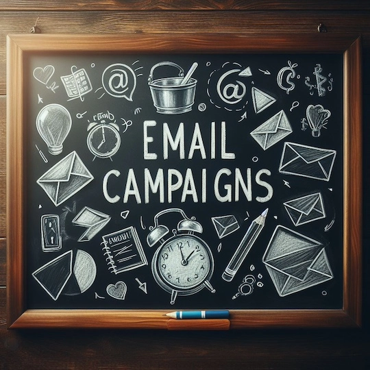 The word Email Campaigns written on a chalkboard with chalk along with images of letters.