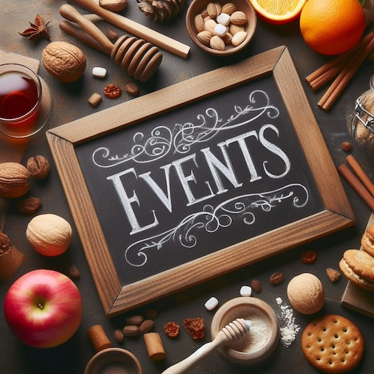 The word Events written on a chalkboard with chalk with cooking condiments around the board.