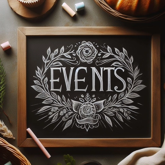 The word Events written on a chalkboard with chalk with a barely visible freshly baked bun.