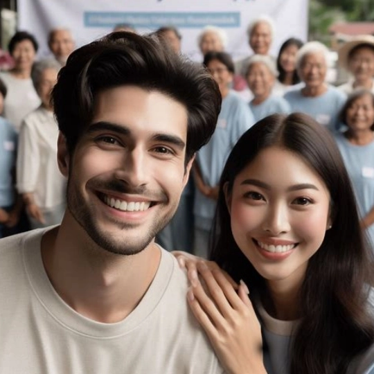 Image of a couple of happy members of a charitable organization, with other members of the organization in the background, and a banner that reads - thank you for your support.