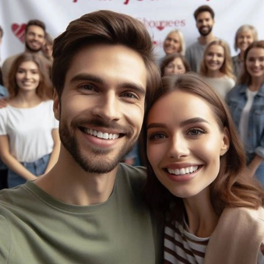 Image of a couple of happy members of a charitable organization, with other members of the organization in the background, and a banner that reads - thank you for your support.