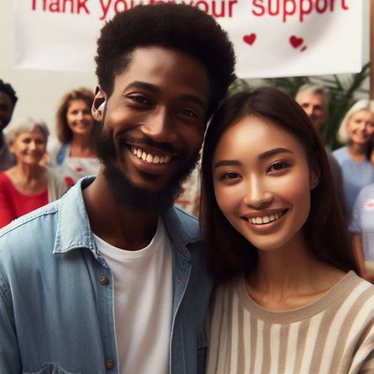 Image of a couple of happy members of a charitable organization, with other members of the organization in the background, and a banner that reads - thank you for your support.