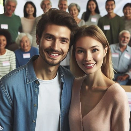 Image of a couple of happy members of a charitable organization, with other members of the organization in the background, and a banner that reads - thank you for your support.