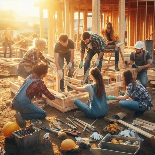 A group of volunteers building a house