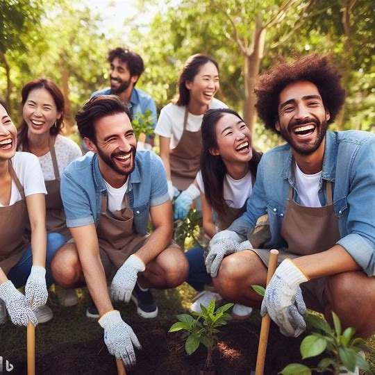 A group of volunteers planting saplings